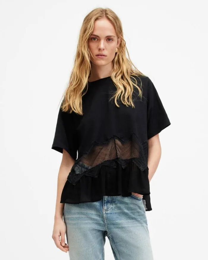 Gracie Lace Panelled Oversized TShirt Black Women AllSaints Tops and Shirts