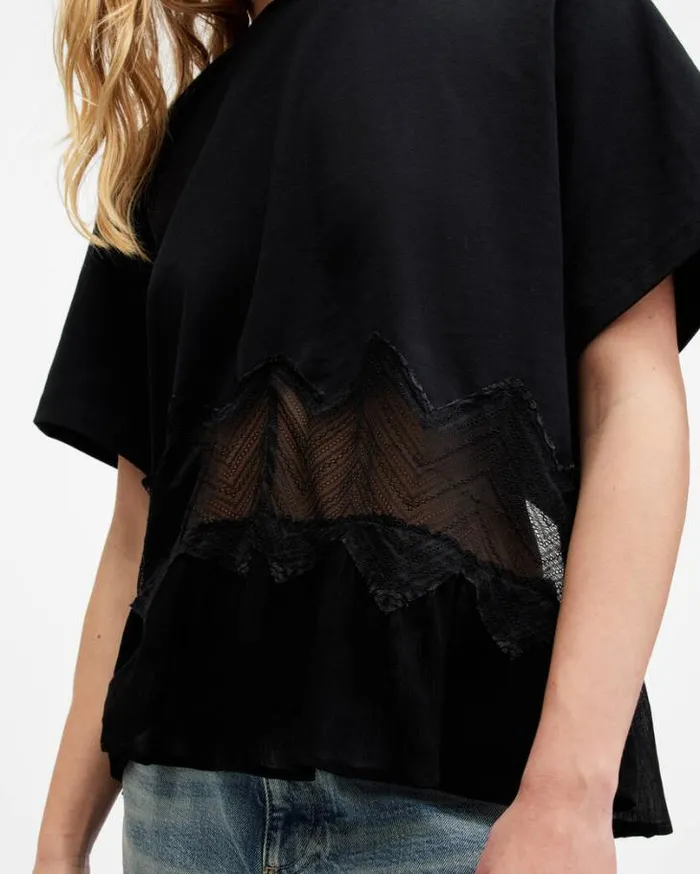 Gracie Lace Panelled Oversized TShirt Black Women AllSaints Tops and Shirts