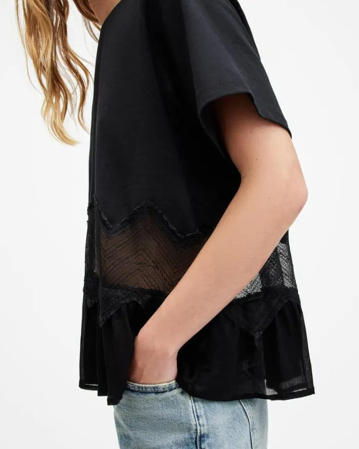 Gracie Lace Panelled Oversized TShirt Black Women AllSaints Tops and Shirts