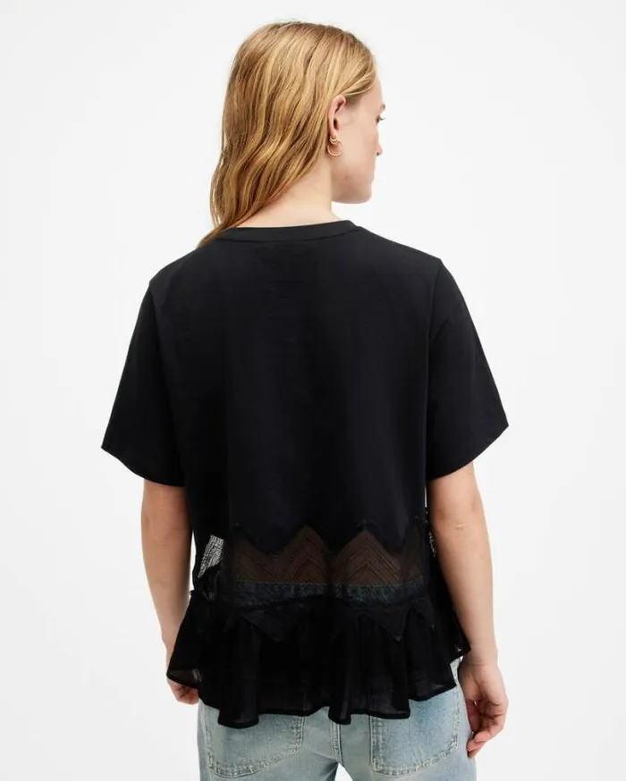 Gracie Lace Panelled Oversized TShirt Black Women AllSaints Tops and Shirts