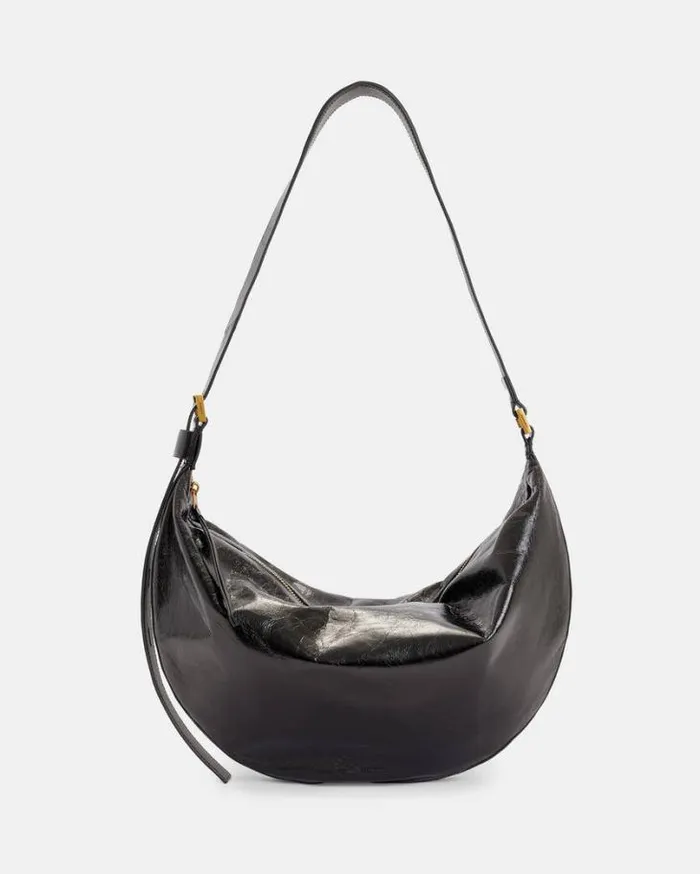 Half Moon Leather Shoulder Bag Black Women AllSaints Handbags and Wallets