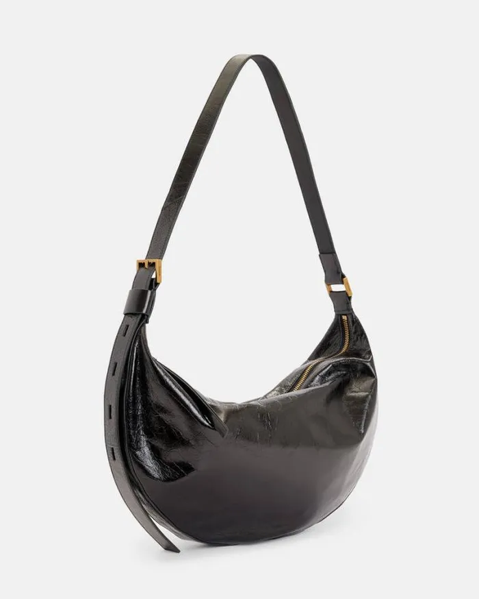 Half Moon Leather Shoulder Bag Black Women AllSaints Handbags and Wallets