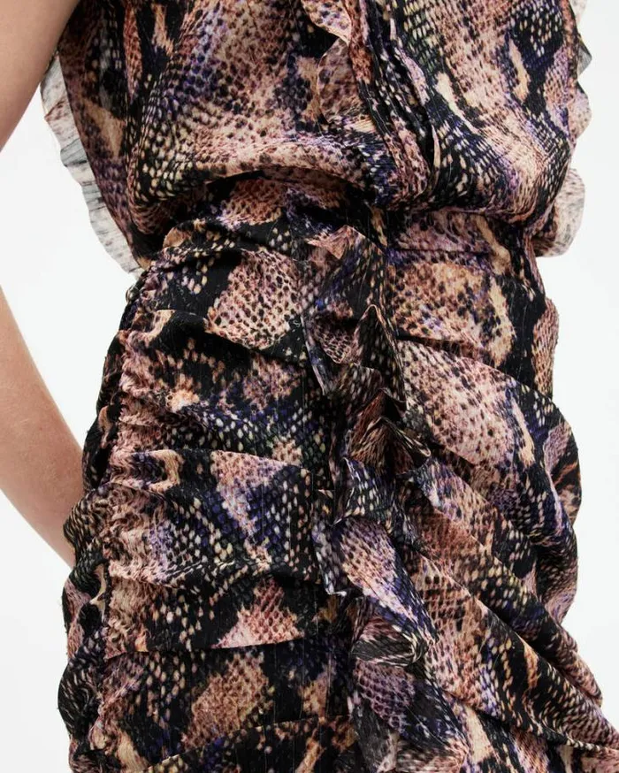 Hali Tahoe Snake Print Ruffle Mini Dress Tan Brown Women AllSaints Dresses