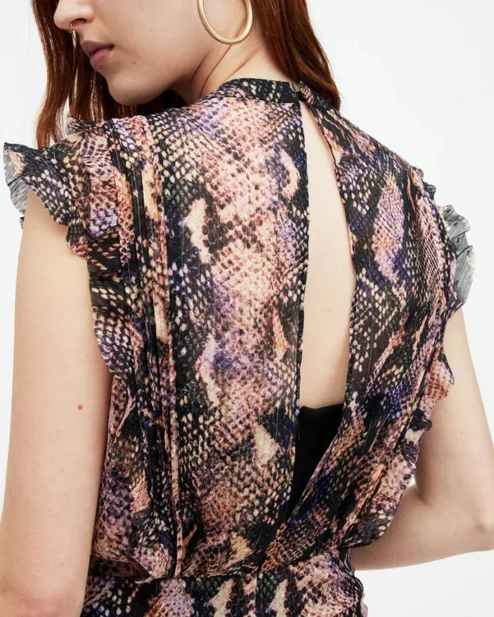 Hali Tahoe Snake Print Ruffle Mini Dress Tan Brown Women AllSaints Dresses