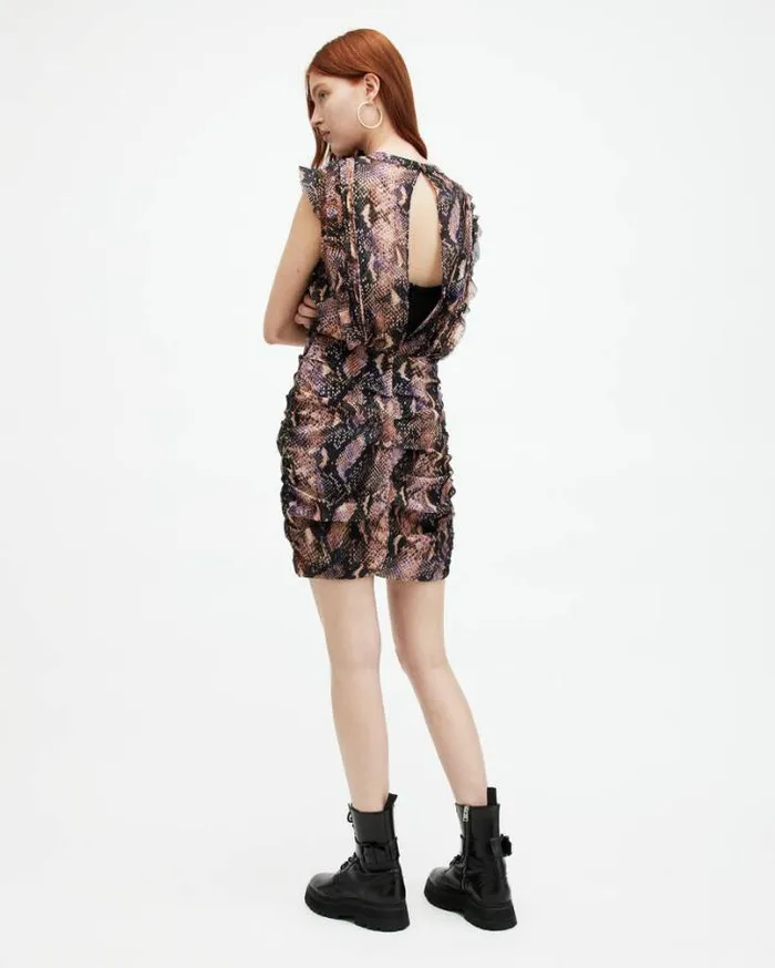 Hali Tahoe Snake Print Ruffle Mini Dress Tan Brown Women AllSaints Dresses
