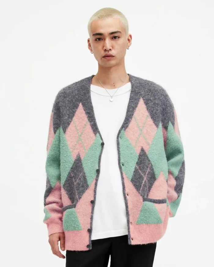 Harley Brushed Argyle Cardigan Charcoalpink Men AllSaints Sweaters