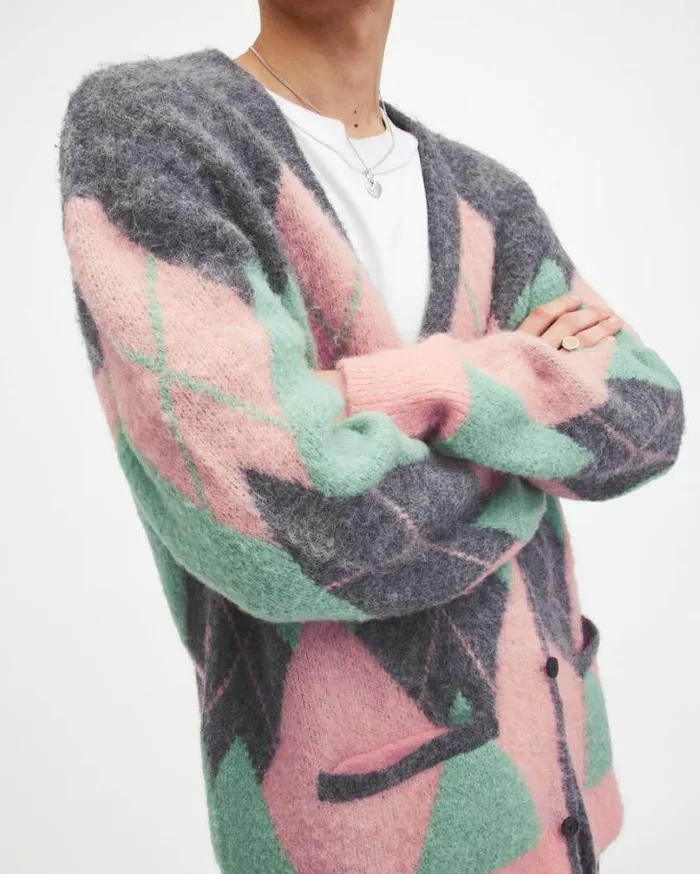 Harley Brushed Argyle Cardigan Charcoalpink Men AllSaints Sweaters