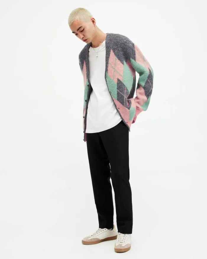 Harley Brushed Argyle Cardigan Charcoalpink Men AllSaints Sweaters