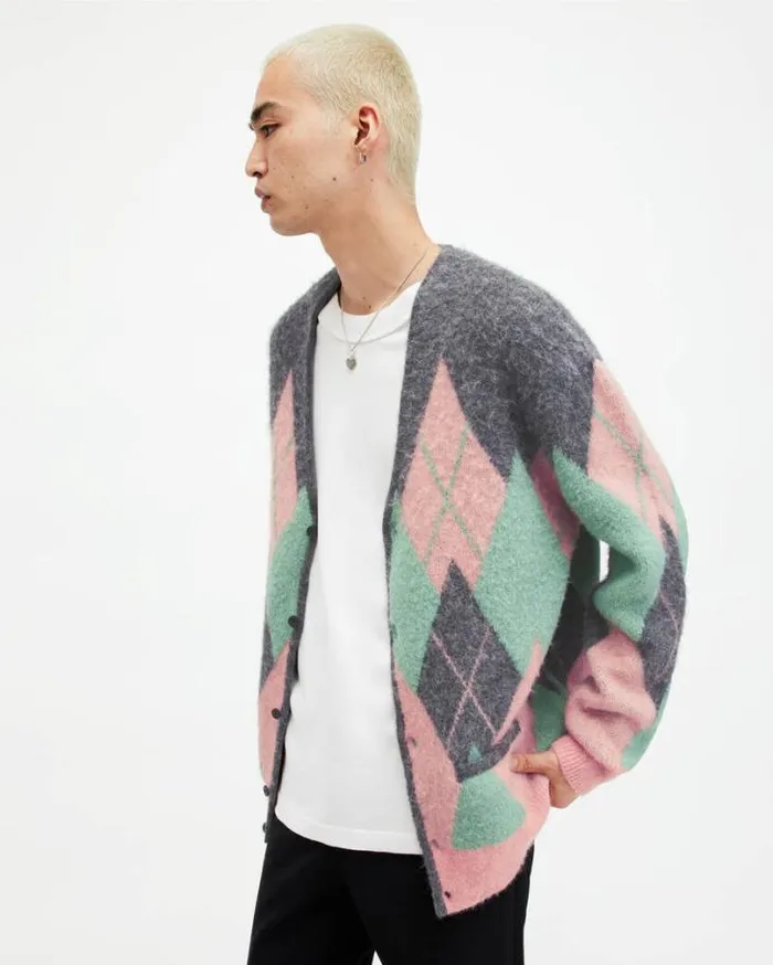 Harley Brushed Argyle Cardigan Charcoalpink Men AllSaints Sweaters