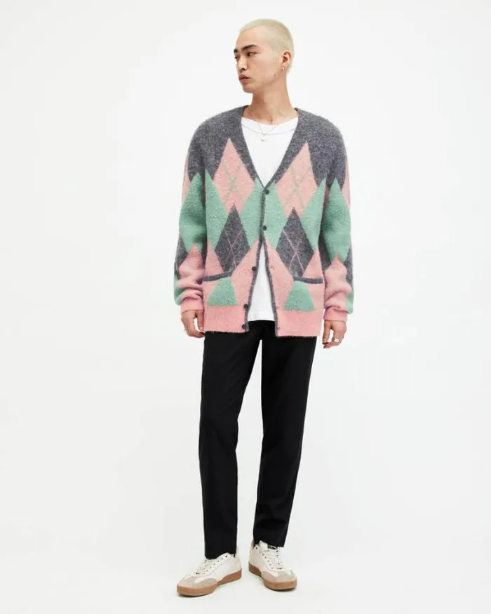 Harley Brushed Argyle Cardigan Charcoalpink Men AllSaints Sweaters