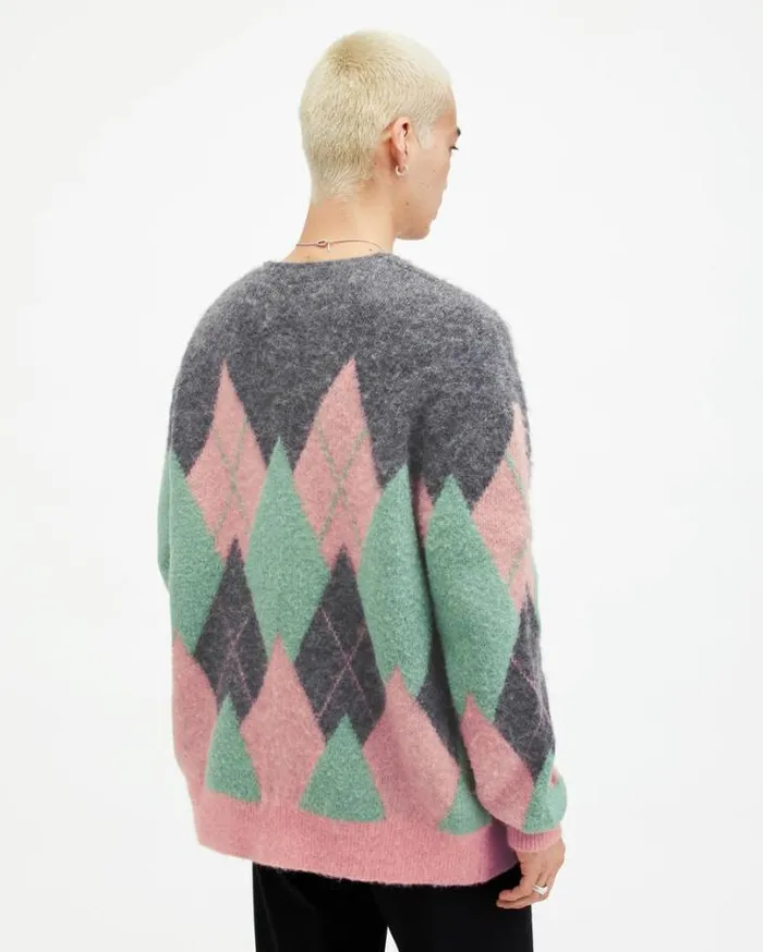 Harley Brushed Argyle Cardigan Charcoalpink Men AllSaints Sweaters