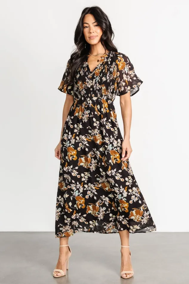 Hathaway Midi Dress Black Floral Women Baltic Born Bump Friendly