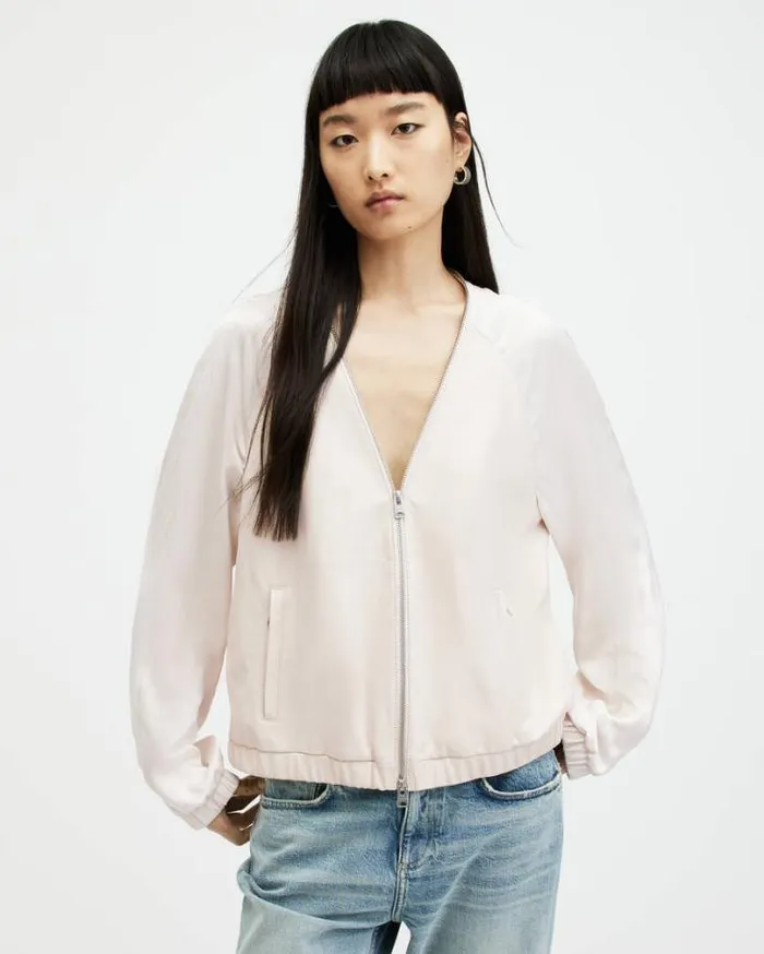 Helton Contrast Leather Bomber Jacket Off White Women AllSaints Jackets and Coats Helton Contrast Leather Bomber Jacket Off White Women AllSaints Jackets and Coats
