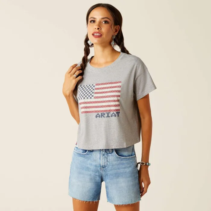 Homespun Flag TShirt Heather Grey Women Ariat TShirts and Tops