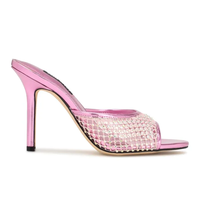Iriep Heeled Slide Sandals Pink Metallic Mesh Women Nine West High Heels