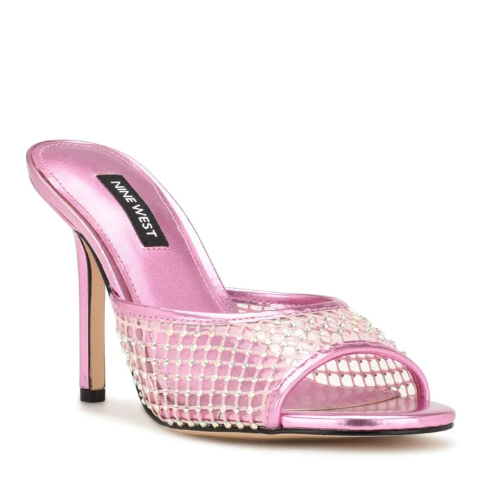Iriep Heeled Slide Sandals Pink Metallic Mesh Women Nine West High Heels Iriep Heeled Slide Sandals Pink Metallic Mesh Women Nine West High Heels