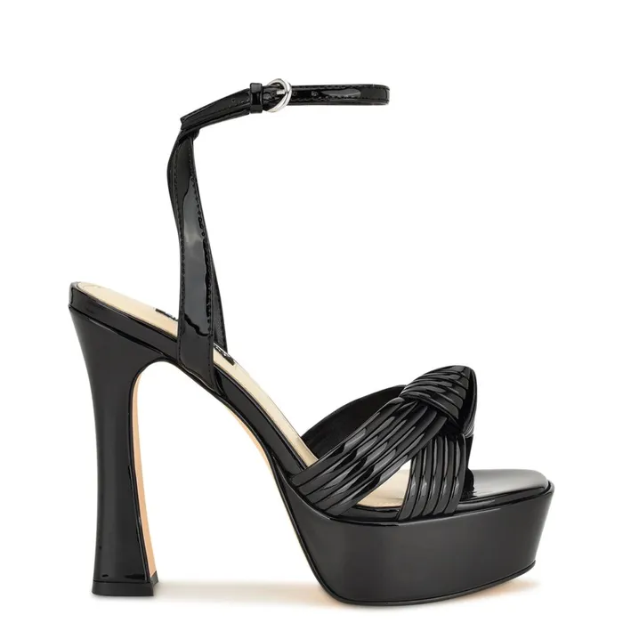 Irna Platform Ankle Strap Knotted Sandals Black Patent Women Nine West High Heels