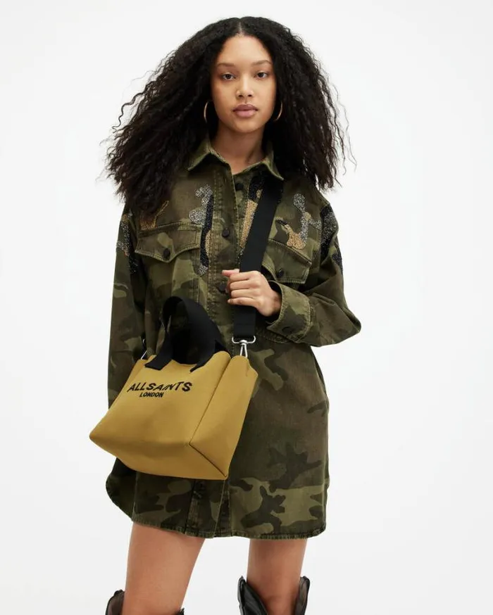 Izzy Logo Print Knitted Mini Tote Bagg Sap Green Women AllSaints Handbags and Wallets Izzy Logo Print Knitted Mini Tote Bagg Sap Green Women AllSaints Handbags and Wallets