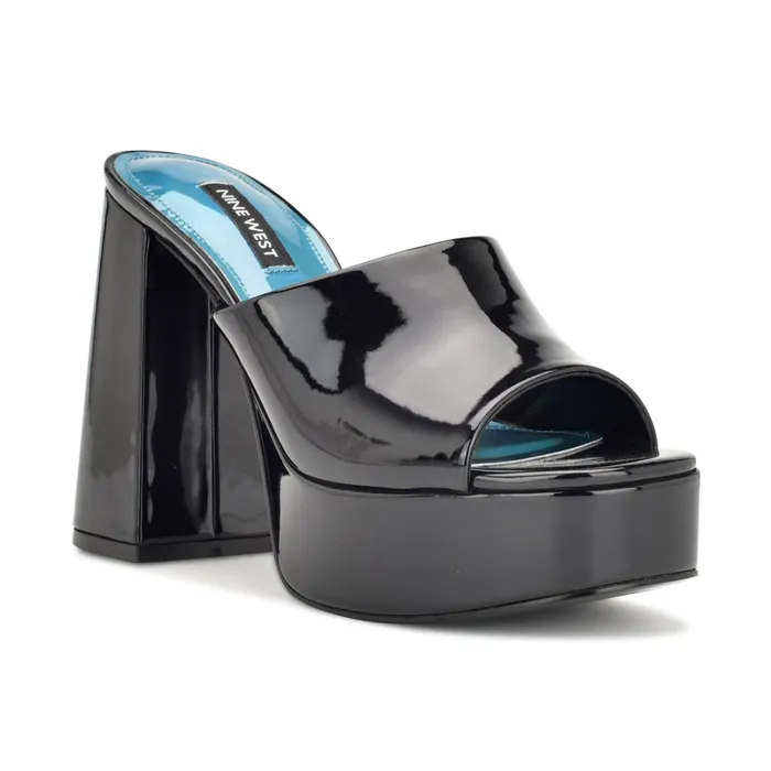 Jilie Platform Slide Sandals Black Patent Women Nine West Heeled Jilie Platform Slide Sandals Black Patent Women Nine West Heeled