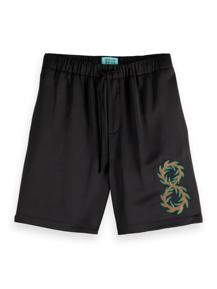 JOE JONAS X SCOTCH SODA EMBROIDERED SATEEN BERMUDA SHORT Black Men Scotch and Soda Shorts JOE JONAS X SCOTCH SODA EMBROIDERED SATEEN BERMUDA SHORT Black Men Scotch and Soda Shorts