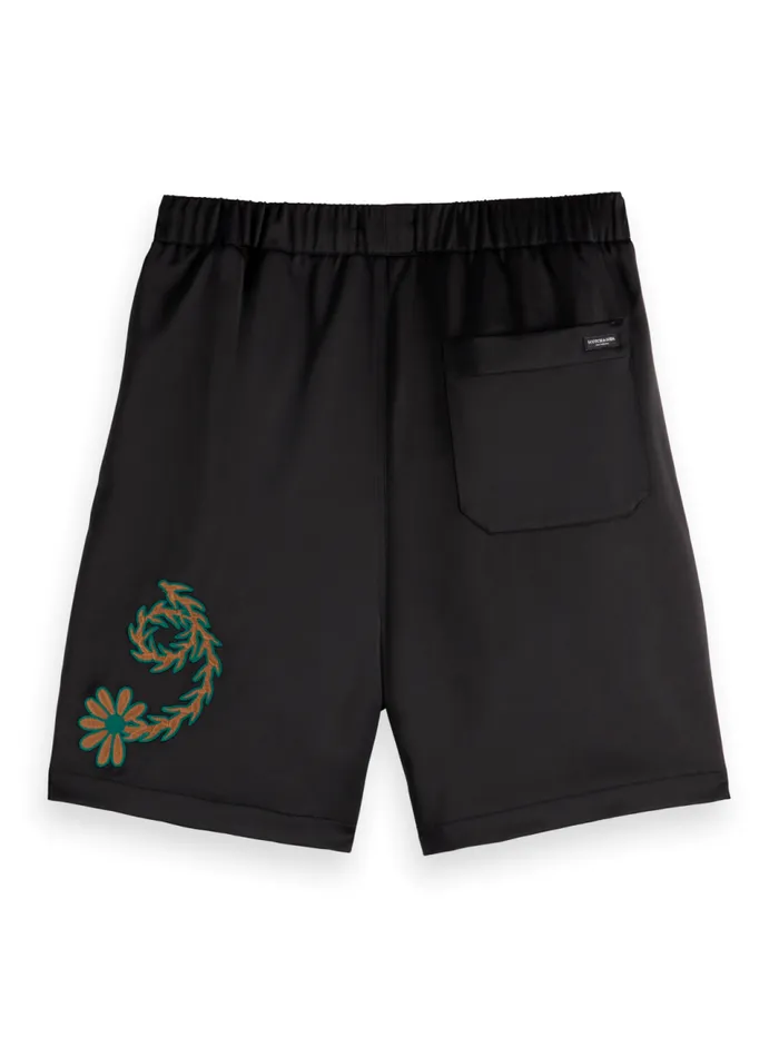 JOE JONAS X SCOTCH SODA EMBROIDERED SATEEN BERMUDA SHORT Black Men Scotch and Soda Shorts JOE JONAS X SCOTCH SODA EMBROIDERED SATEEN BERMUDA SHORT Black Men Scotch and Soda Shorts