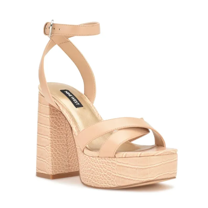 Joya Platform Sandals Warm Blush Croco Women Nine West Heeled Joya Platform Sandals Warm Blush Croco Women Nine West Heeled