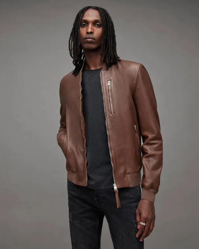 Kemble Zip Up Leather Bomber Jacket Brown Men AllSaints Leather Jackets