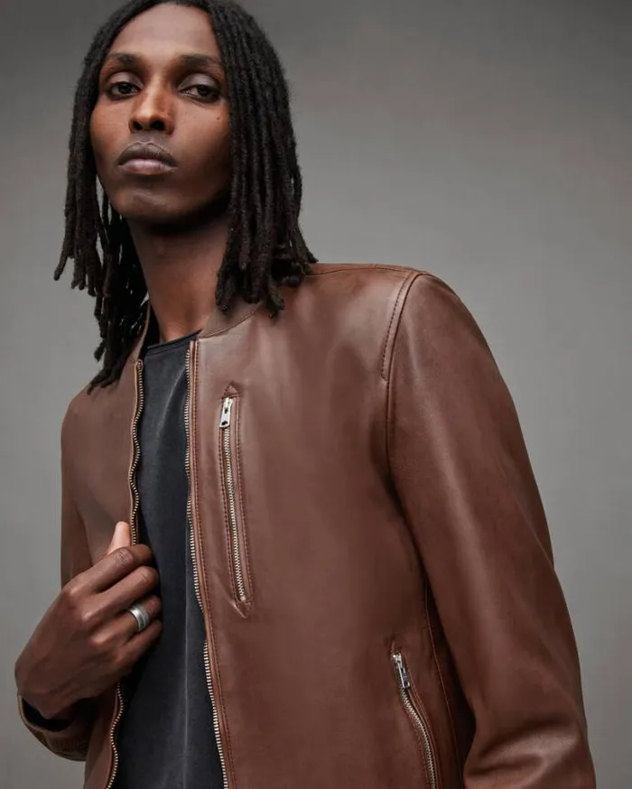 Kemble Zip Up Leather Bomber Jacket Brown Men AllSaints Leather Jackets