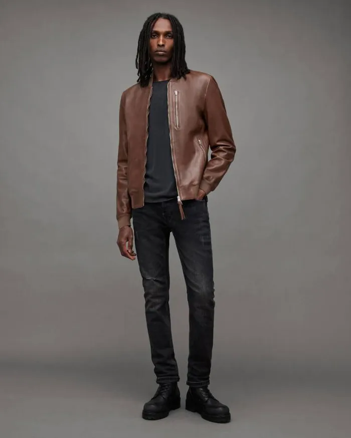 Kemble Zip Up Leather Bomber Jacket Brown Men AllSaints Leather Jackets
