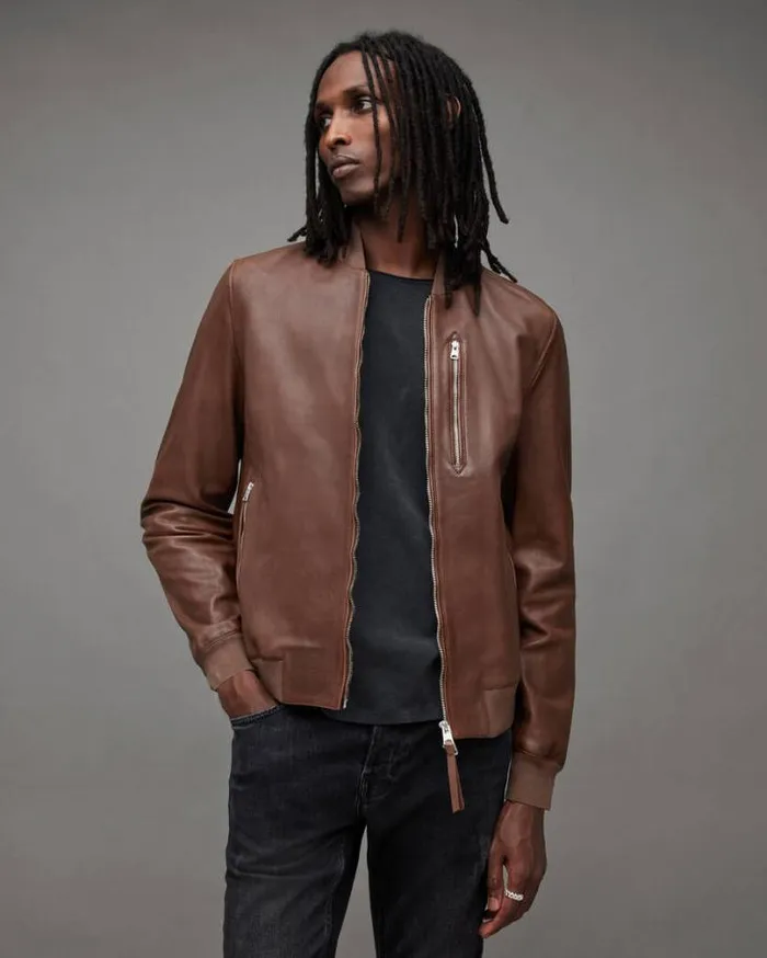 Kemble Zip Up Leather Bomber Jacket Brown Men AllSaints Leather Jackets