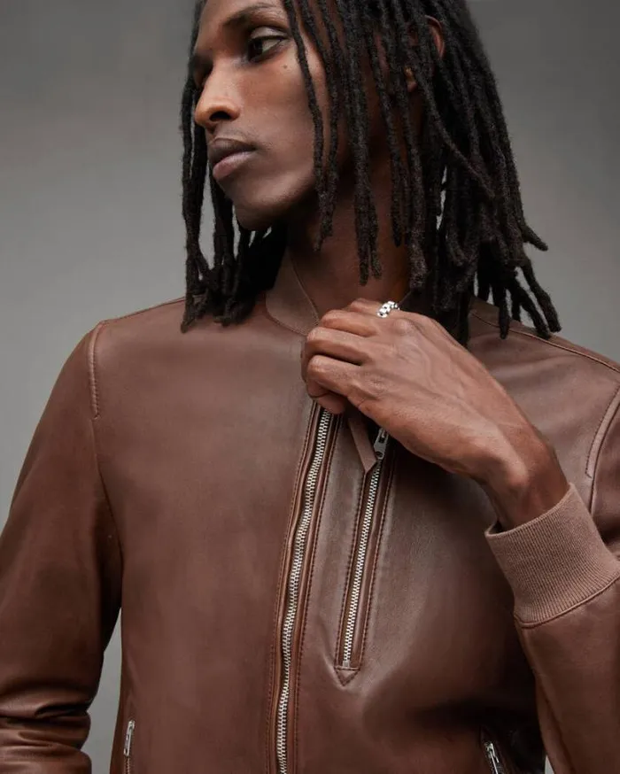 Kemble Zip Up Leather Bomber Jacket Brown Men AllSaints Leather Jackets