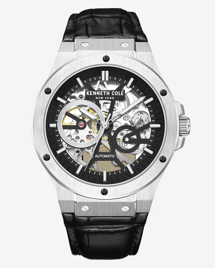 Kenneth Cole Watches Men Kenneth Cole New York Automatic Stainless Steel Watch With Black Leather Strap Black Kenneth Cole Watches Men Kenneth Cole New York Automatic Stainless Steel Watch With Black Leather Strap Black