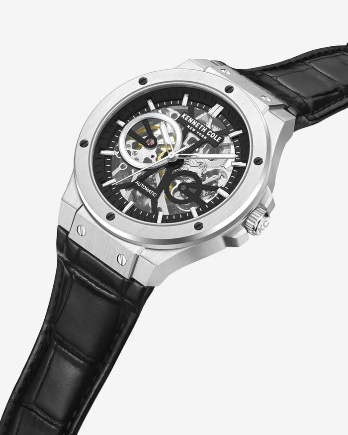 Kenneth Cole Watches Men Kenneth Cole New York Automatic Stainless Steel Watch With Black Leather Strap Black Kenneth Cole Watches Men Kenneth Cole New York Automatic Stainless Steel Watch With Black Leather Strap Black