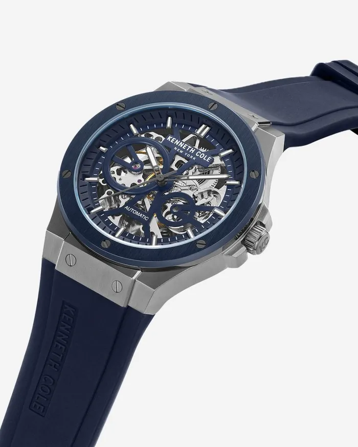Kenneth Cole Watches Men Kenneth Cole New York Automatic TwoTone Gunmetal Stainless Steel Watch With Blue Leather Strap Blue Dark Kenneth Cole Watches Men Kenneth Cole New York Automatic TwoTone Gunmetal Stainless Steel Watch With Blue Leather Strap Blue Dark