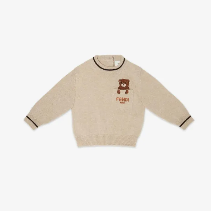 Kids 100 Cashmere Baby Jumper In Beige With Teddy Bear Embroidery Fendi Baby Boy