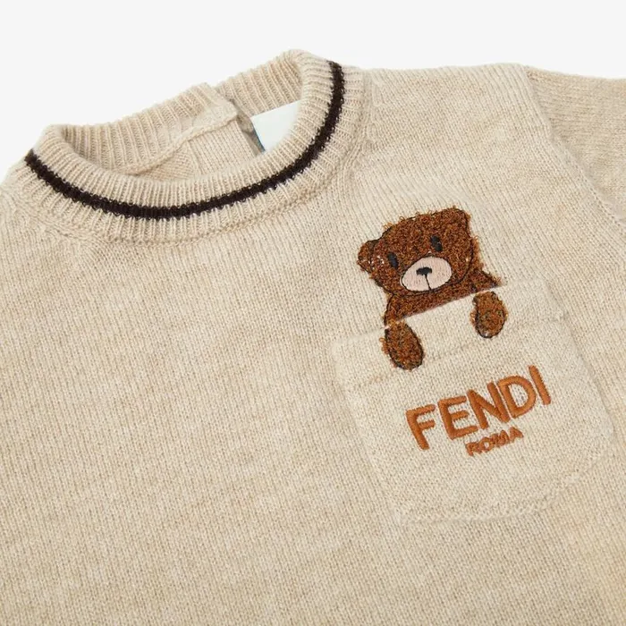 Kids 100 Cashmere Baby Jumper In Beige With Teddy Bear Embroidery Fendi Baby Boy