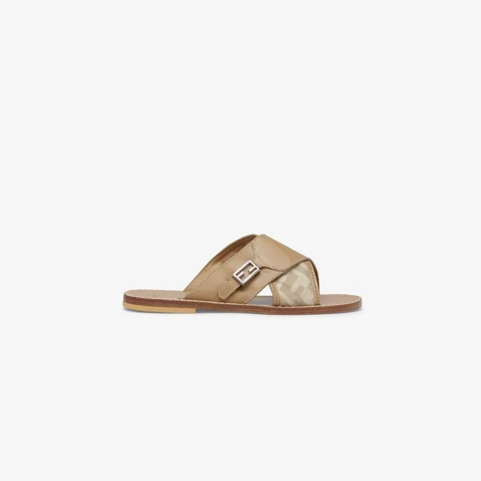Kids Beige Nappa Leather And Fabric Sandals Beige Fendi Shoes