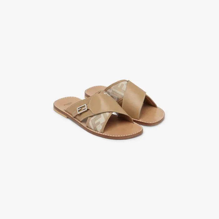 Kids Beige Nappa Leather And Fabric Sandals Beige Fendi Shoes