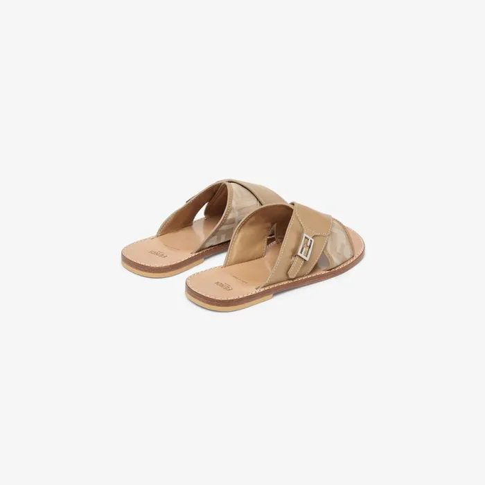 Kids Beige Nappa Leather And Fabric Sandals Beige Fendi Shoes