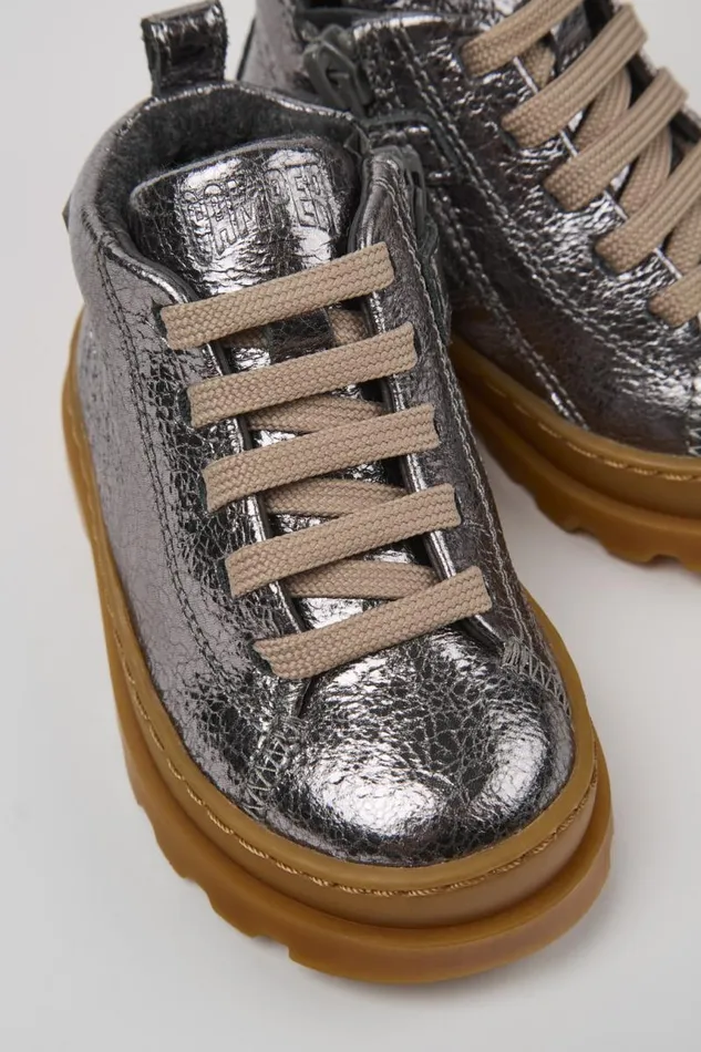 Kids Camper Boots Brutus Metallic Gray Leather Ankle Boots For Kids
