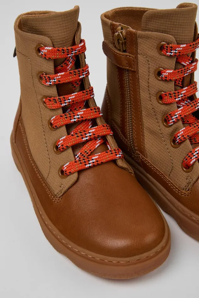 Kids Camper Boots Kiddo Brown Leather And Textile Ankle Boots For Kids