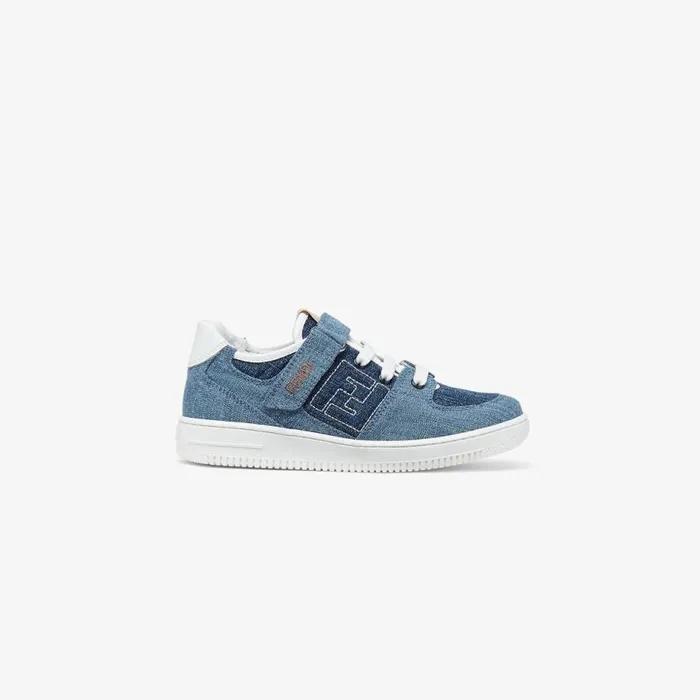 Kids Denim Sneakers With Ff Logo Blue Fendi Shoes