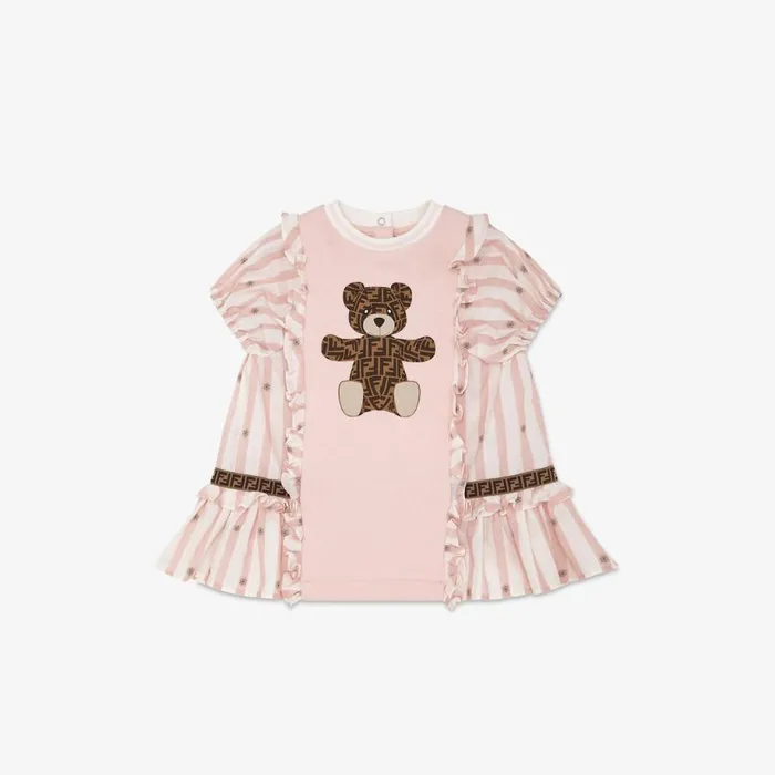 Kids Pink Striped Poplin And Cotton Dress Pink Fendi Baby Girl