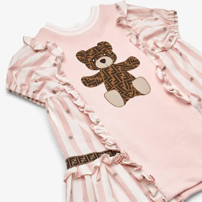 Kids Pink Striped Poplin And Cotton Dress Pink Fendi Baby Girl