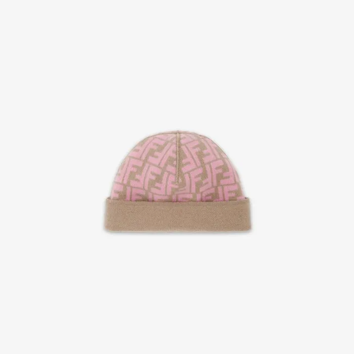 Kids Reversible Junior Hat In Beige And Pink Knit Pink Fendi Accessories