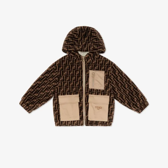 Kids Wool Blend And Gabardine Junior Teddy Bear Jacket With Logo Fendi Ready To Wear