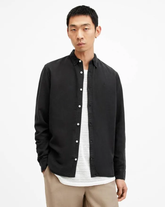 Laguna Linen Blend Relaxed Fit Shirt Washed Black Men AllSaints Shirts