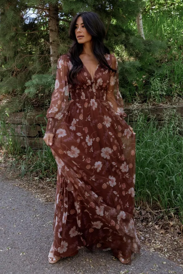 Layla Tulle Maxi Dress Chestnut Floral Women Baltic Born Wedding Guest
