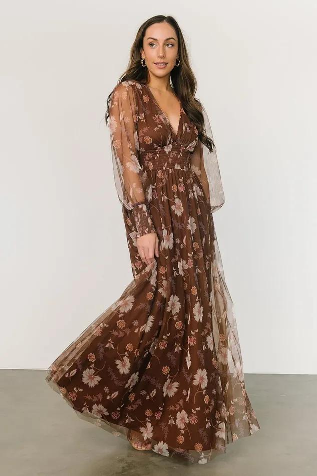Layla Tulle Maxi Dress Chestnut Floral Women Baltic Born Wedding Guest