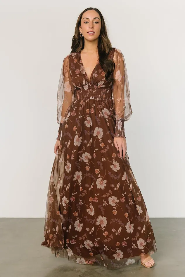 Layla Tulle Maxi Dress Chestnut Floral Women Baltic Born Wedding Guest